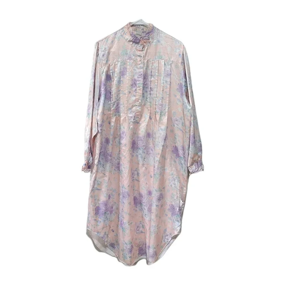 Vintage Satin Nightgown Large Pink Floral Pastels Maxi Stand Up Collar Ruffles